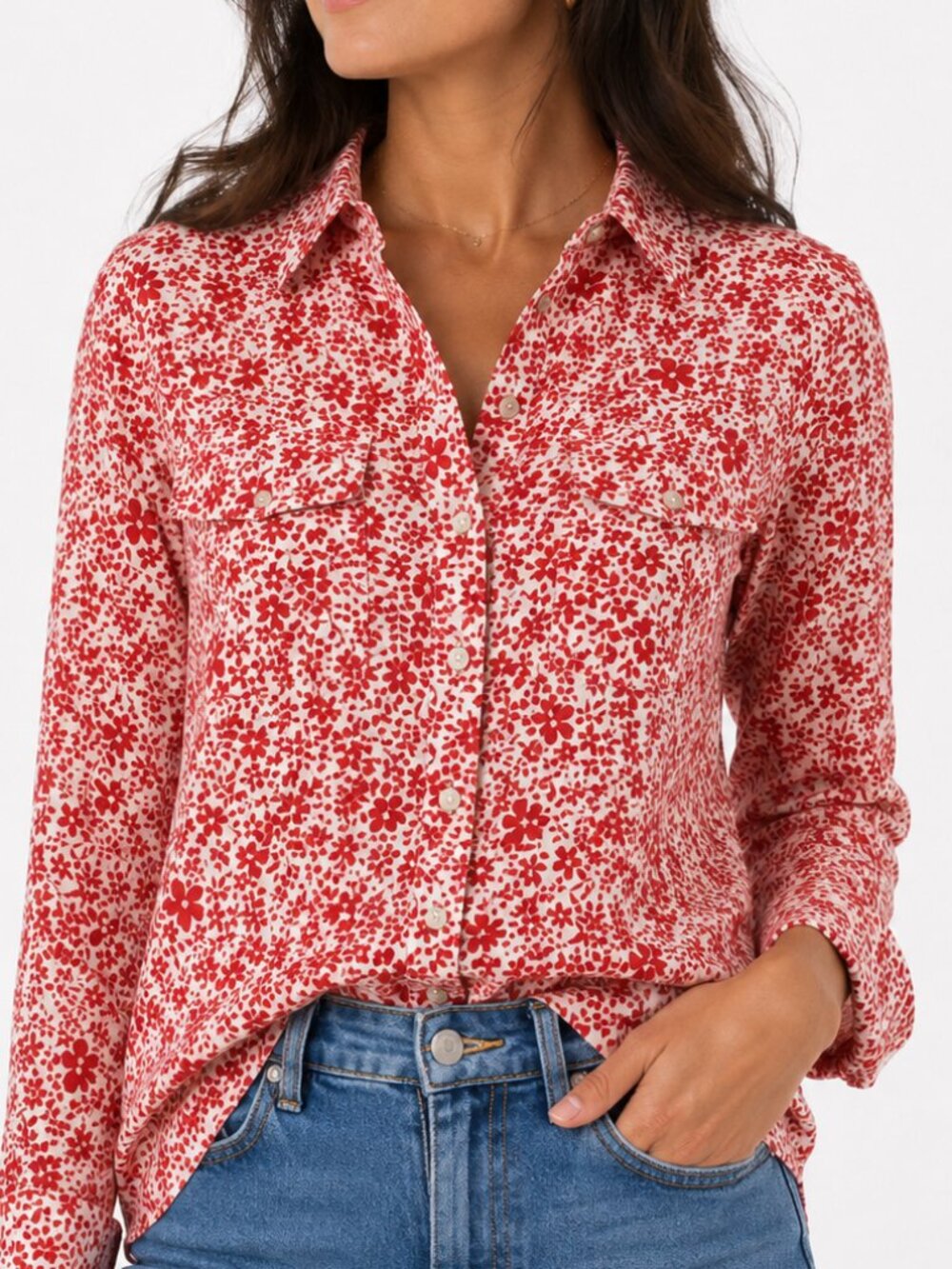 L.L.Bean Red & White Floral Long Sleeve Button Down Cotton Shirt M